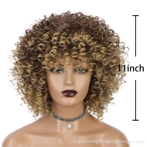 Vigorous Hot Selling Cheap Price Shoulder Length Kinky Curly Fluffy With Bangs Ombre Brown For Black Women Synthetic Hair Wigs